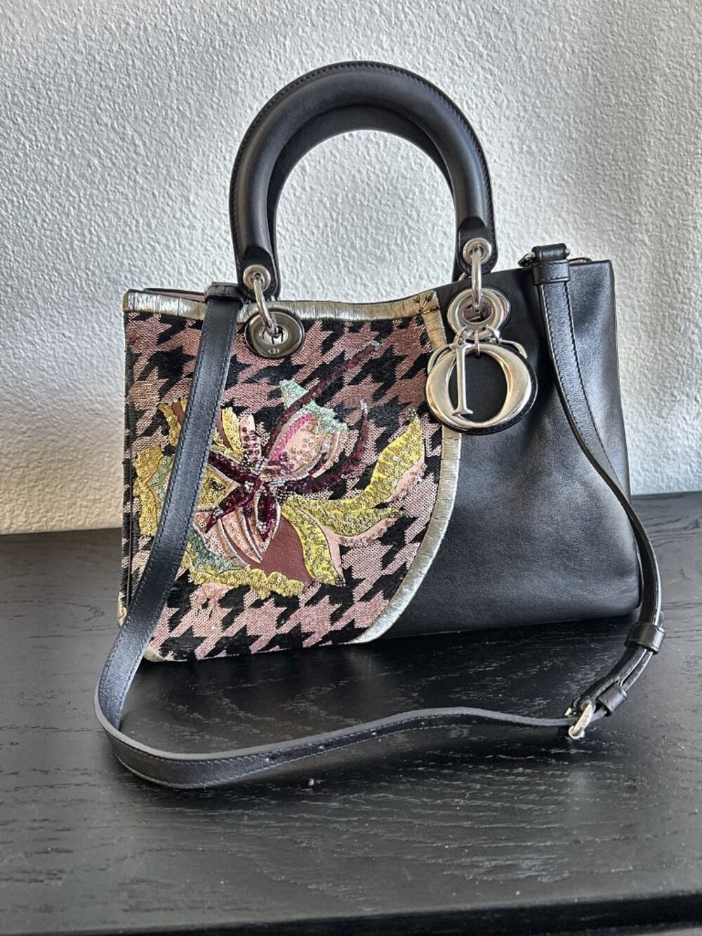 Dior Diorissimo Medium Limited Edition Sequin Houndstooth Floral Embroidery